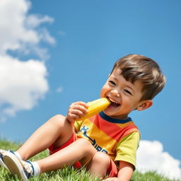 A playful scene featuring a young boy with short brown hair happily eating a bright yellow banana