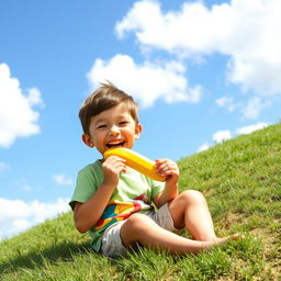 A playful scene featuring a young boy with short brown hair happily eating a bright yellow banana