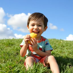 A playful scene featuring a young boy with short brown hair happily eating a bright yellow banana