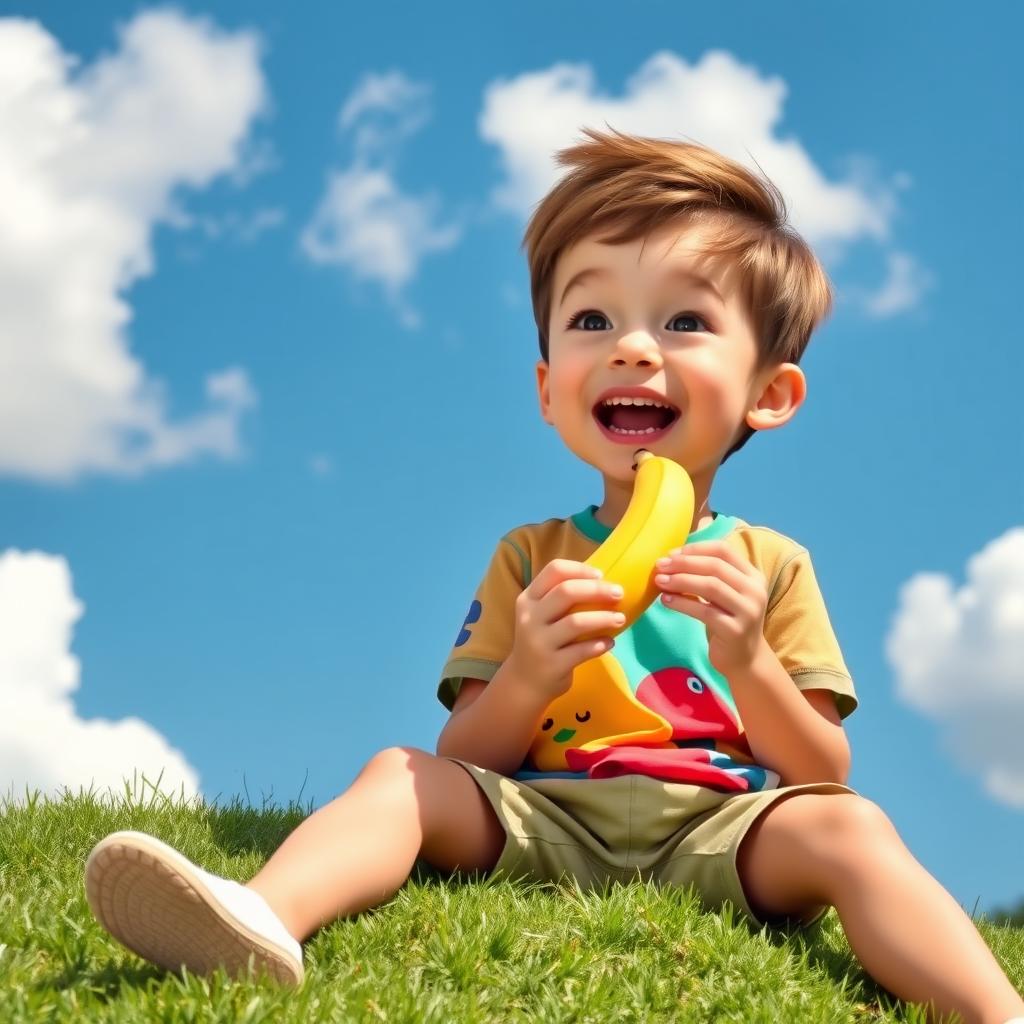 A playful scene featuring a young boy with short brown hair happily eating a bright yellow banana