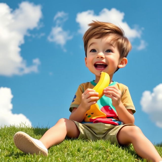 A playful scene featuring a young boy with short brown hair happily eating a bright yellow banana