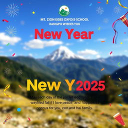 A beautifully designed New Year greeting card featuring a scenic background of a mountain landscape, symbolizing Mt