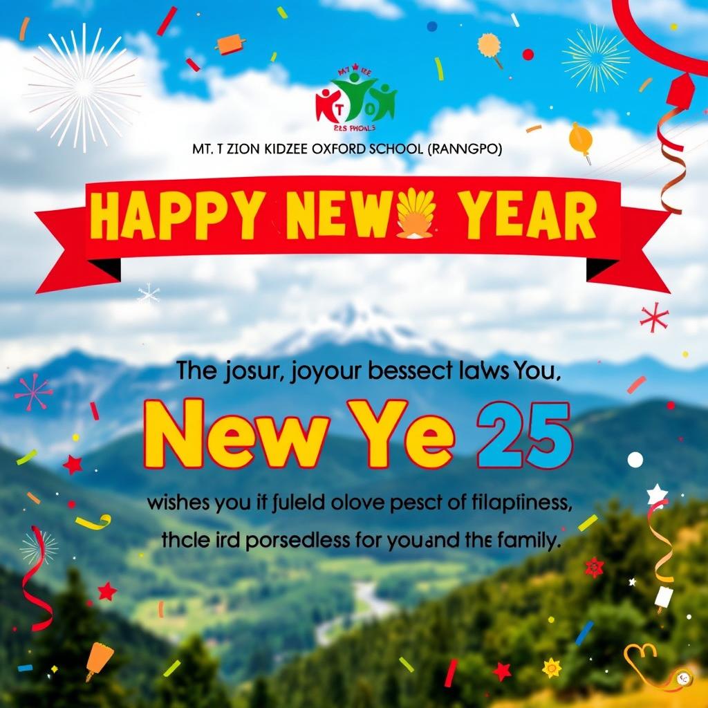 A beautifully designed New Year greeting card featuring a scenic background of a mountain landscape, symbolizing Mt