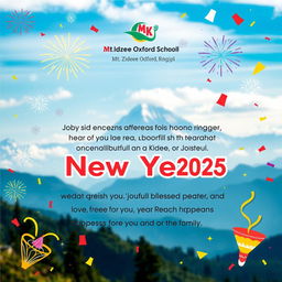 A beautifully designed New Year greeting card featuring a scenic background of a mountain landscape, symbolizing Mt