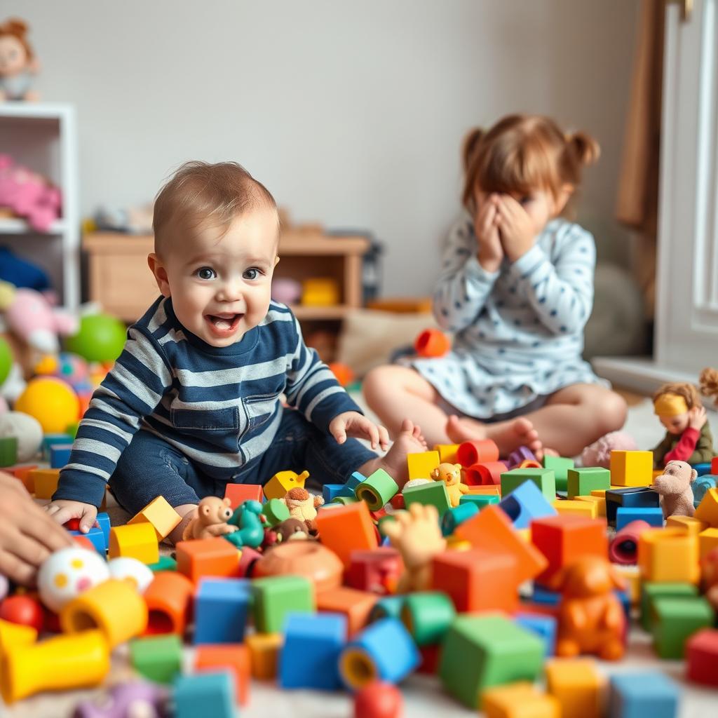 A one-year-old baby boy mischievously scattering his older sister's toys all around the room