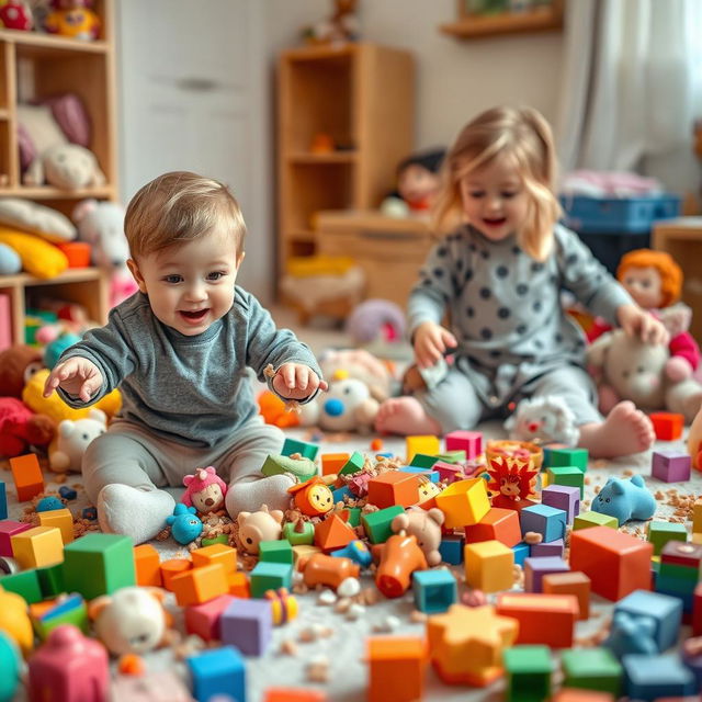 A one-year-old baby boy mischievously scattering his older sister's toys all around the room