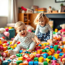 A one-year-old baby boy mischievously scattering his older sister's toys all around the room