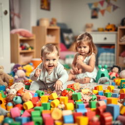 A one-year-old baby boy mischievously scattering his older sister's toys all around the room