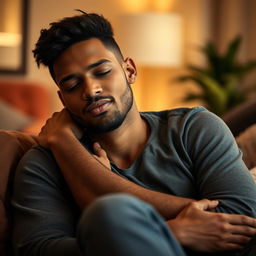 A lightskin man comfortably snuggled against my neck, giving an intimate and cozy feeling