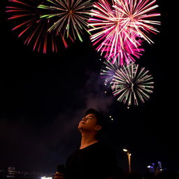 A person standing under a night sky filled with colorful fireworks bursting above, surrounded by twinkling city lights illuminating the dark black background