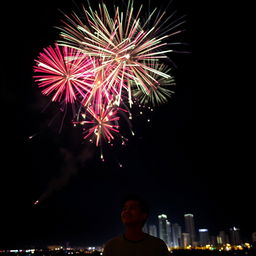 A person standing under a night sky filled with colorful fireworks bursting above, surrounded by twinkling city lights illuminating the dark black background