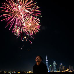 A person standing under a night sky filled with colorful fireworks bursting above, surrounded by twinkling city lights illuminating the dark black background