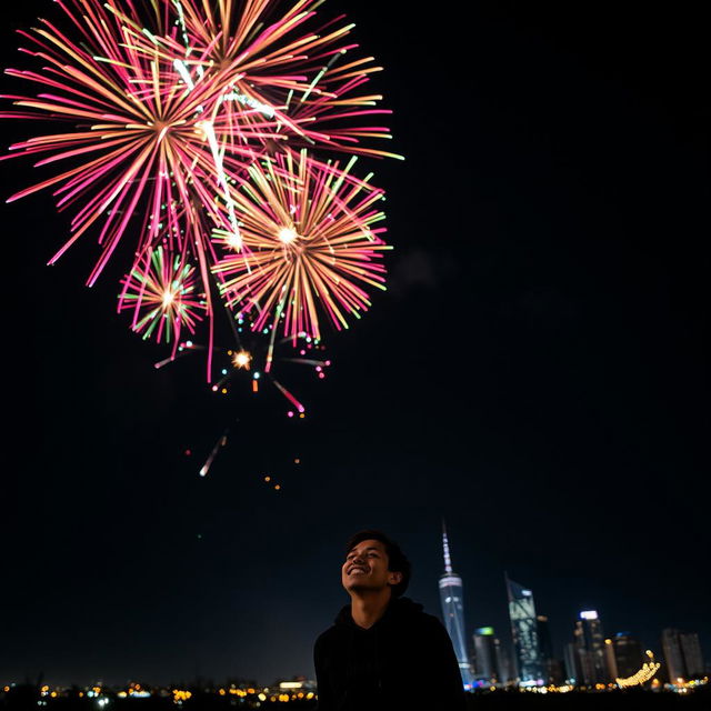 A person standing under a night sky filled with colorful fireworks bursting above, surrounded by twinkling city lights illuminating the dark black background