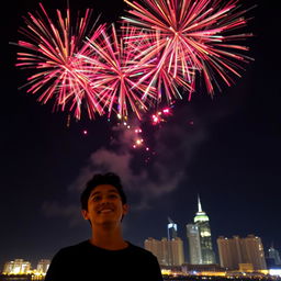 A person standing under a night sky filled with colorful fireworks bursting above, surrounded by twinkling city lights illuminating the dark black background