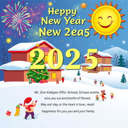 A festive greeting card design for New Year 2025 featuring vibrant colors and joyful elements like fireworks, a decorated Christmas tree, and a smiling sun