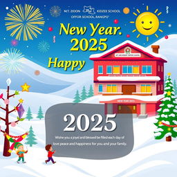 A festive greeting card design for New Year 2025 featuring vibrant colors and joyful elements like fireworks, a decorated Christmas tree, and a smiling sun
