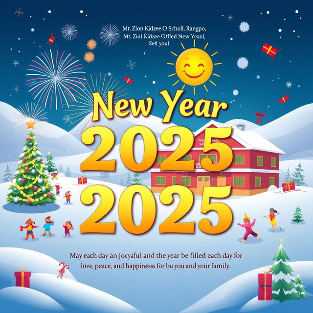 A festive greeting card design for New Year 2025 featuring vibrant colors and joyful elements like fireworks, a decorated Christmas tree, and a smiling sun