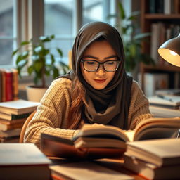 A hijab-wearing woman with glasses deeply focused on studying, surrounded by books and a warm, inviting study environment