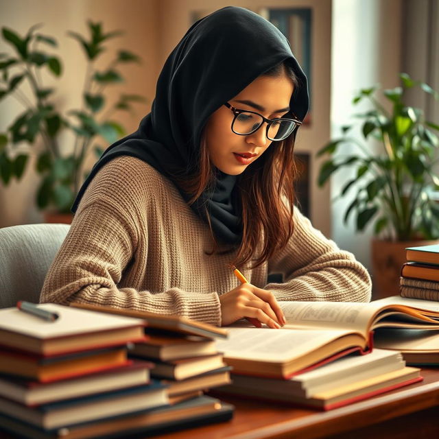 A hijab-wearing woman with glasses deeply focused on studying, surrounded by books and a warm, inviting study environment