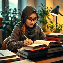 A hijab-wearing woman with glasses deeply focused on studying, surrounded by books and a warm, inviting study environment