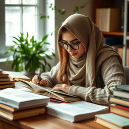 A hijab-wearing woman with glasses deeply focused on studying, surrounded by books and a warm, inviting study environment