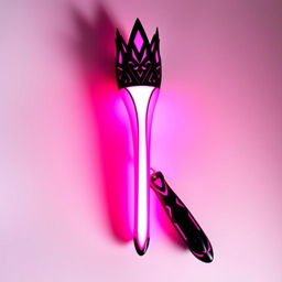A beautifully designed light stick inspired by the song 'Pink Venom', featuring a sleek, elegant shape predominantly in vibrant shades of pink and black, glowing softly in the dark