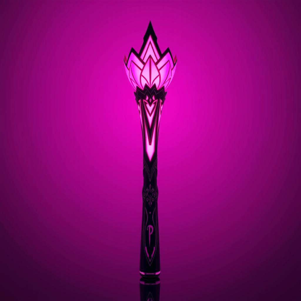 A beautifully designed light stick inspired by the song 'Pink Venom', featuring a sleek, elegant shape predominantly in vibrant shades of pink and black, glowing softly in the dark