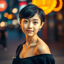 A girl with short, sleek black hair, looking confidently into the camera, wearing a stylish, modern outfit