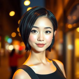 A girl with short, sleek black hair, looking confidently into the camera, wearing a stylish, modern outfit