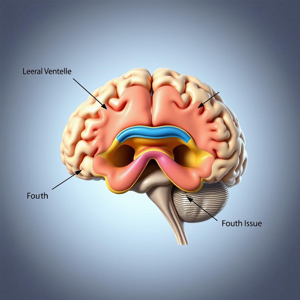 A detailed anatomical illustration of the ventricles of the human brain, showcasing the lateral ventricles, third ventricle, fourth ventricle, and cerebral aqueduct