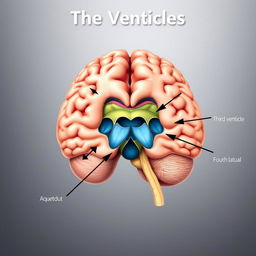 A detailed anatomical illustration of the ventricles of the human brain, showcasing the lateral ventricles, third ventricle, fourth ventricle, and cerebral aqueduct