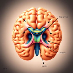 A detailed anatomical illustration of the ventricles of the human brain, showcasing the lateral ventricles, third ventricle, fourth ventricle, and cerebral aqueduct