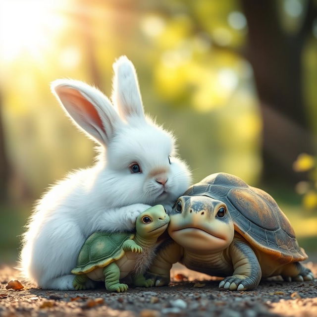 A fluffy and adorable white rabbit with long ears is currently hugging a small green turtle