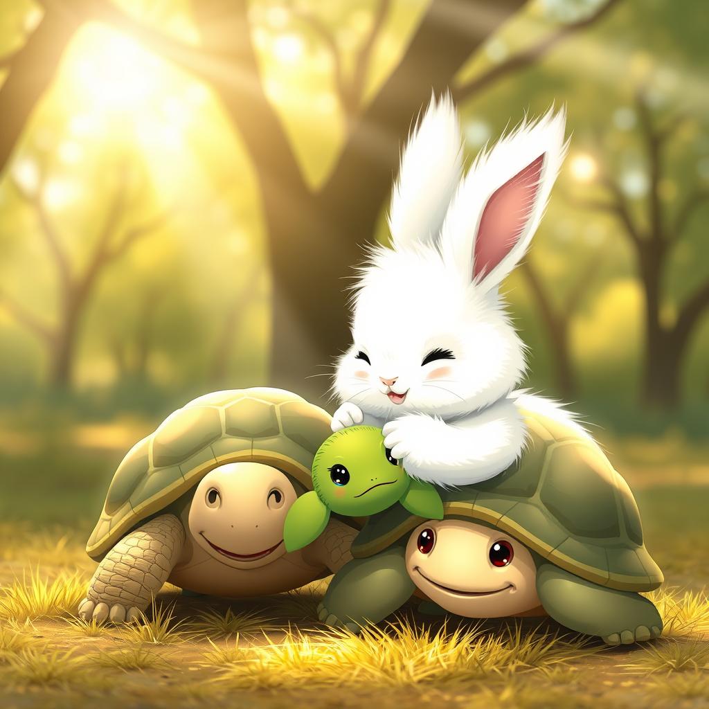 A fluffy and adorable white rabbit with long ears is currently hugging a small green turtle