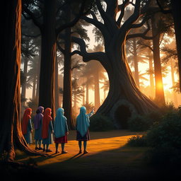 An animated, 3D scene of a dense and dark forest at sunset, featuring tall trees casting long shadows on the ground