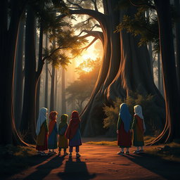 An animated, 3D scene of a dense and dark forest at sunset, featuring tall trees casting long shadows on the ground