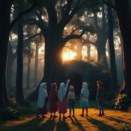 An animated, 3D scene of a dense and dark forest at sunset, featuring tall trees casting long shadows on the ground