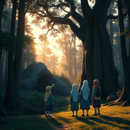 An animated, 3D scene of a dense and dark forest at sunset, featuring tall trees casting long shadows on the ground