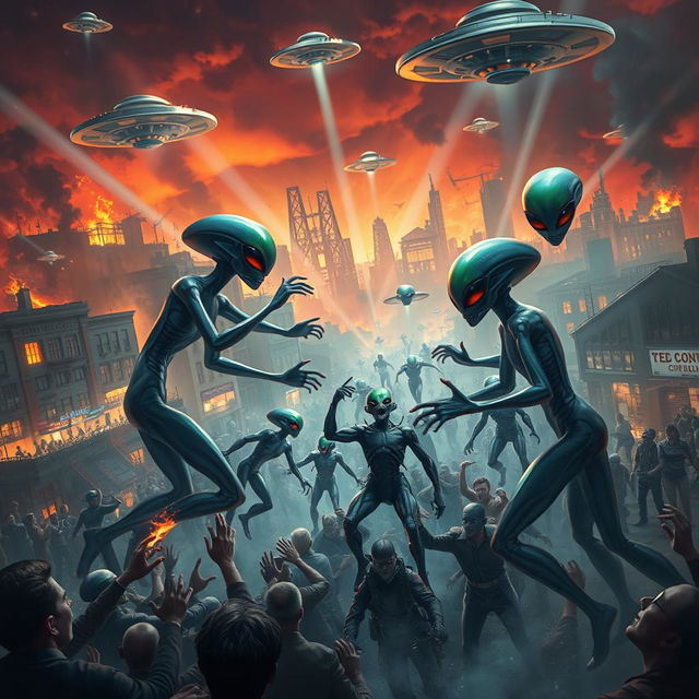 A dramatic scene depicting an alien invasion on Earth, with extraterrestrial beings in sleek, futuristic spacesuits capturing humans