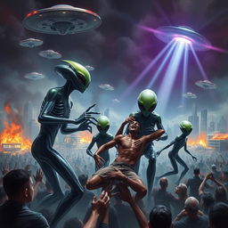 A dramatic scene depicting an alien invasion on Earth, with extraterrestrial beings in sleek, futuristic spacesuits capturing humans