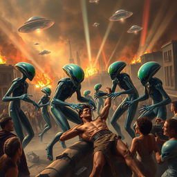 A dramatic scene depicting an alien invasion on Earth, with extraterrestrial beings in sleek, futuristic spacesuits capturing humans