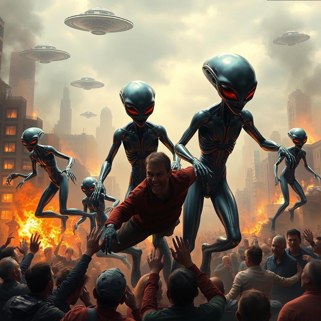 A dramatic scene depicting an alien invasion on Earth, with extraterrestrial beings in sleek, futuristic spacesuits capturing humans