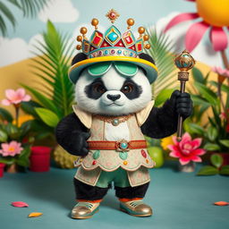 A panda dressed in a colorful and stylish girl's outfit, embodying a fierce and dictatorial demeanor
