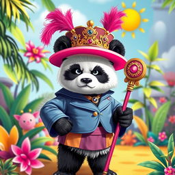 A panda dressed in a colorful and stylish girl's outfit, embodying a fierce and dictatorial demeanor