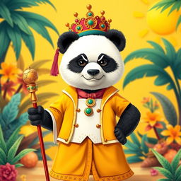 A panda dressed in a colorful and stylish girl's outfit, embodying a fierce and dictatorial demeanor