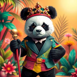 A panda dressed in a colorful and stylish girl's outfit, embodying a fierce and dictatorial demeanor
