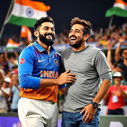 A vivid and dynamic scene featuring a joyful interaction between two friends, one of whom is a famous cricketer, Virat Kohli