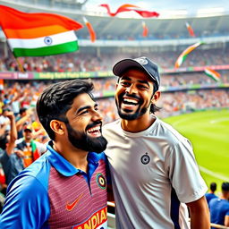 A vivid and dynamic scene featuring a joyful interaction between two friends, one of whom is a famous cricketer, Virat Kohli