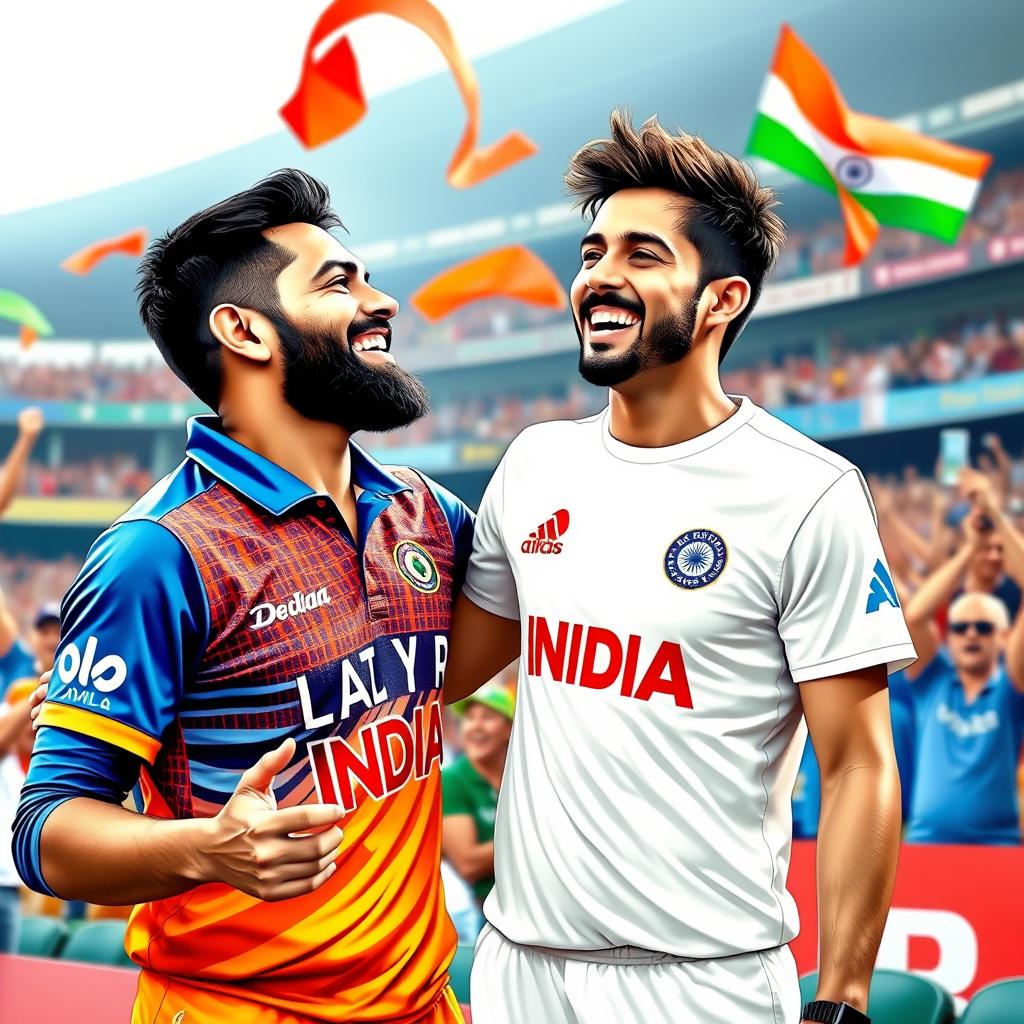 A vivid and dynamic scene featuring a joyful interaction between two friends, one of whom is a famous cricketer, Virat Kohli