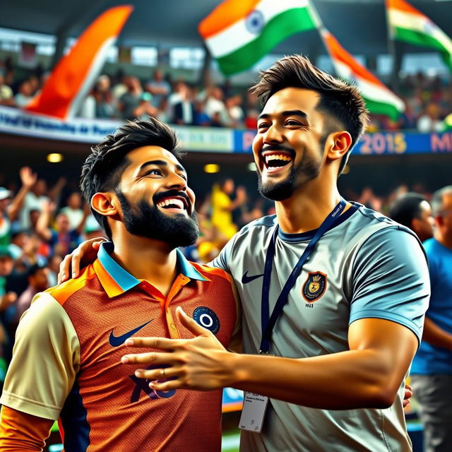 A vivid and dynamic scene featuring a joyful interaction between two friends, one of whom is a famous cricketer, Virat Kohli